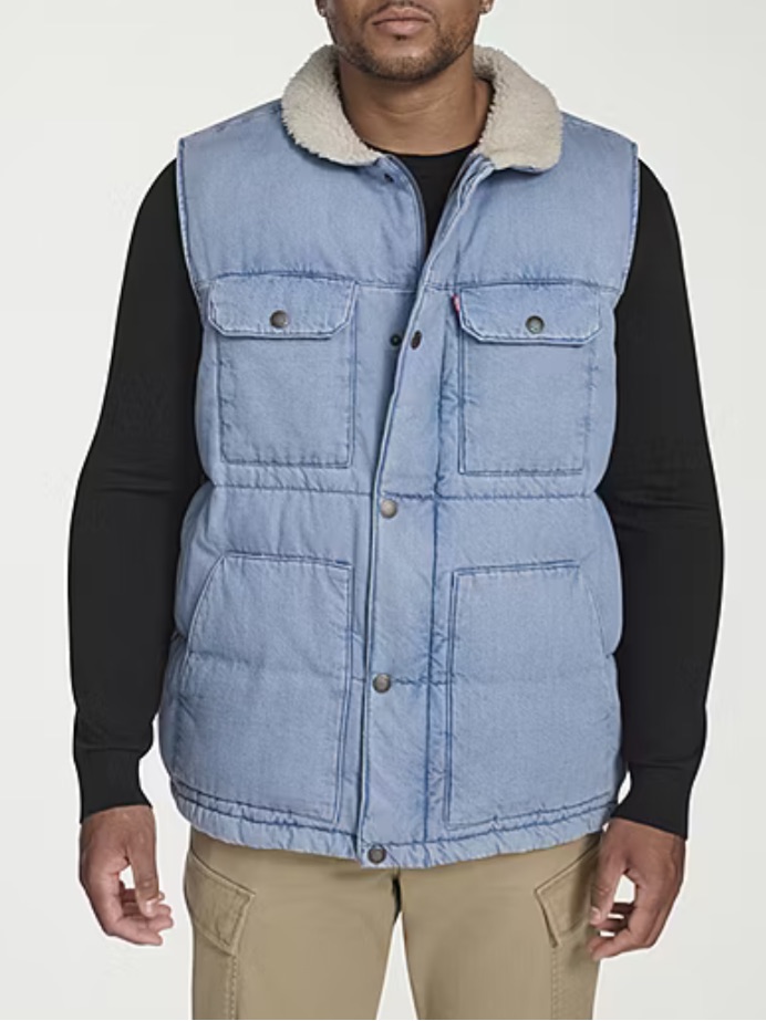 Levi’s Men M Blue Light Wash Denim Sherpa Collar Utility Quilted Vest Nwt